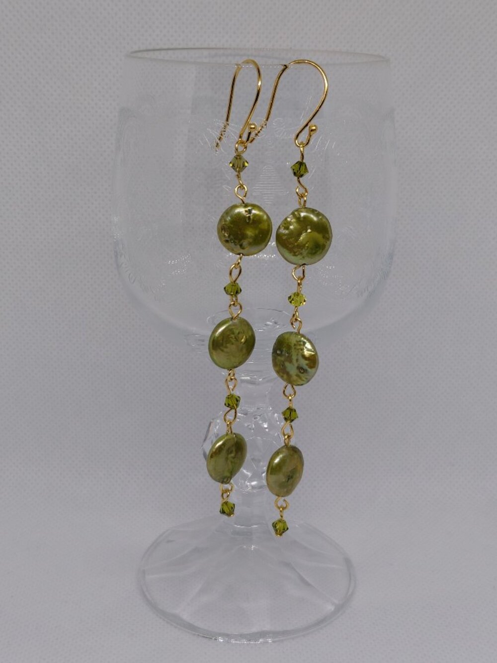 Artisan Olive Freshwater Coin Pearl and Swarovski Crystal 3 1/2-inch Earrings
